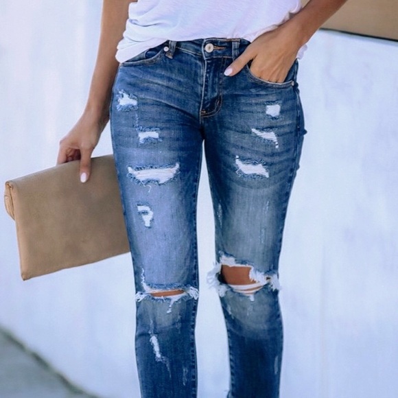 Kancan | Universal Mid Rise Distressed Skinny Jeans Dark Wash - Picture 10 of 14